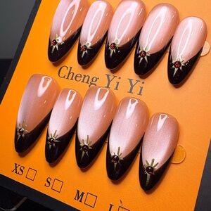 Cat Eye Pink & Black Stiletto Press-On Nails with Gold Accent